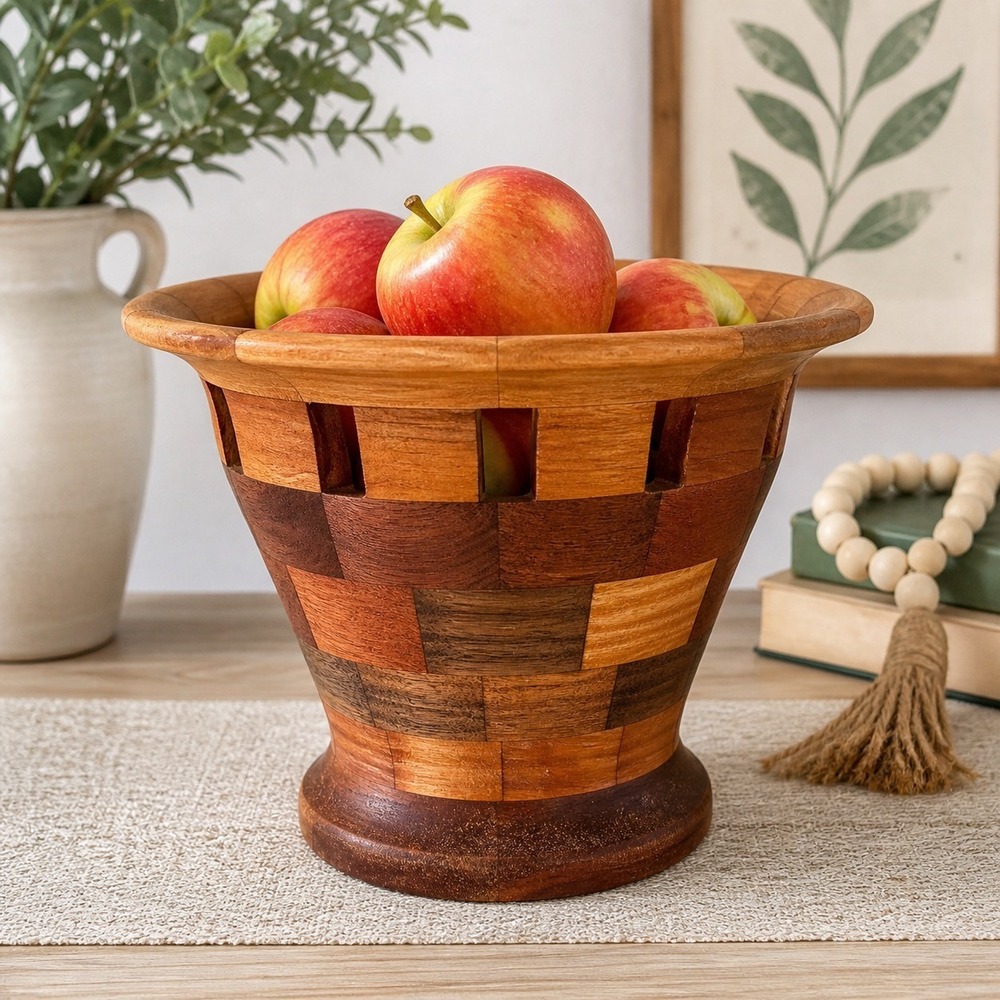 Handcrafted Segmented Wood Bowl Pedestal‎ Fruit Bowl Rustic MCM Farmhouse Vase